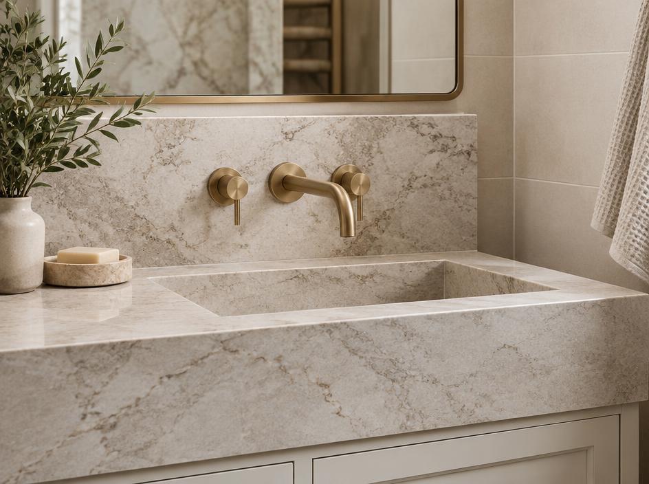Stone bathroom basin with brushed brass fittings