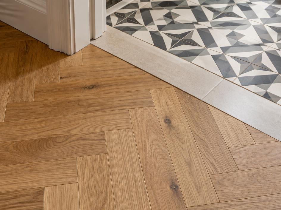 Oak herringbone flooring beside patterned tiles