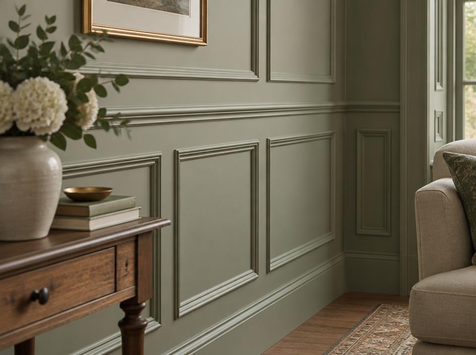 Bespoke sage green wall panelling